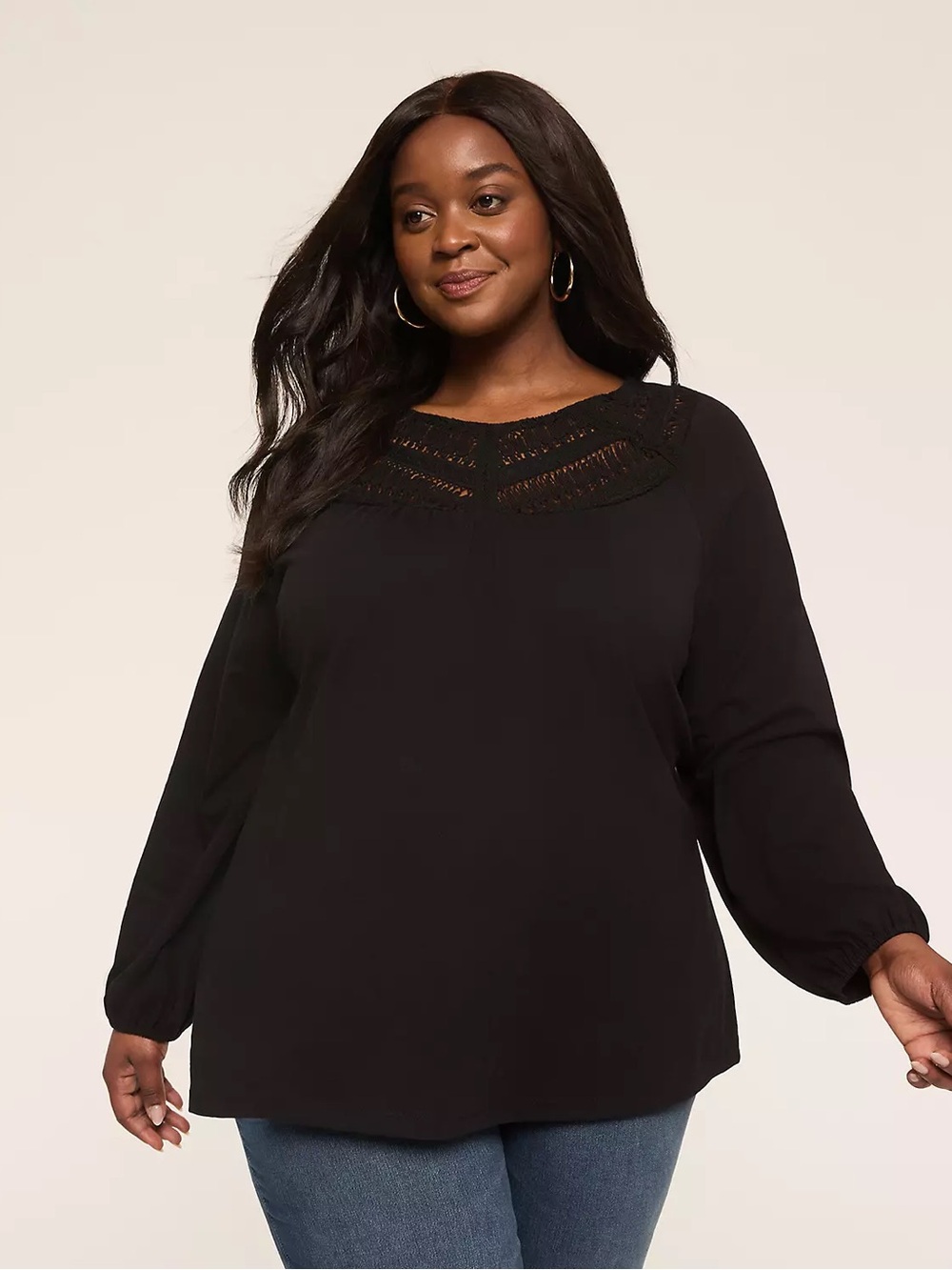 Lane Bryant Black Long-Sleeve Top with Lace Yoke